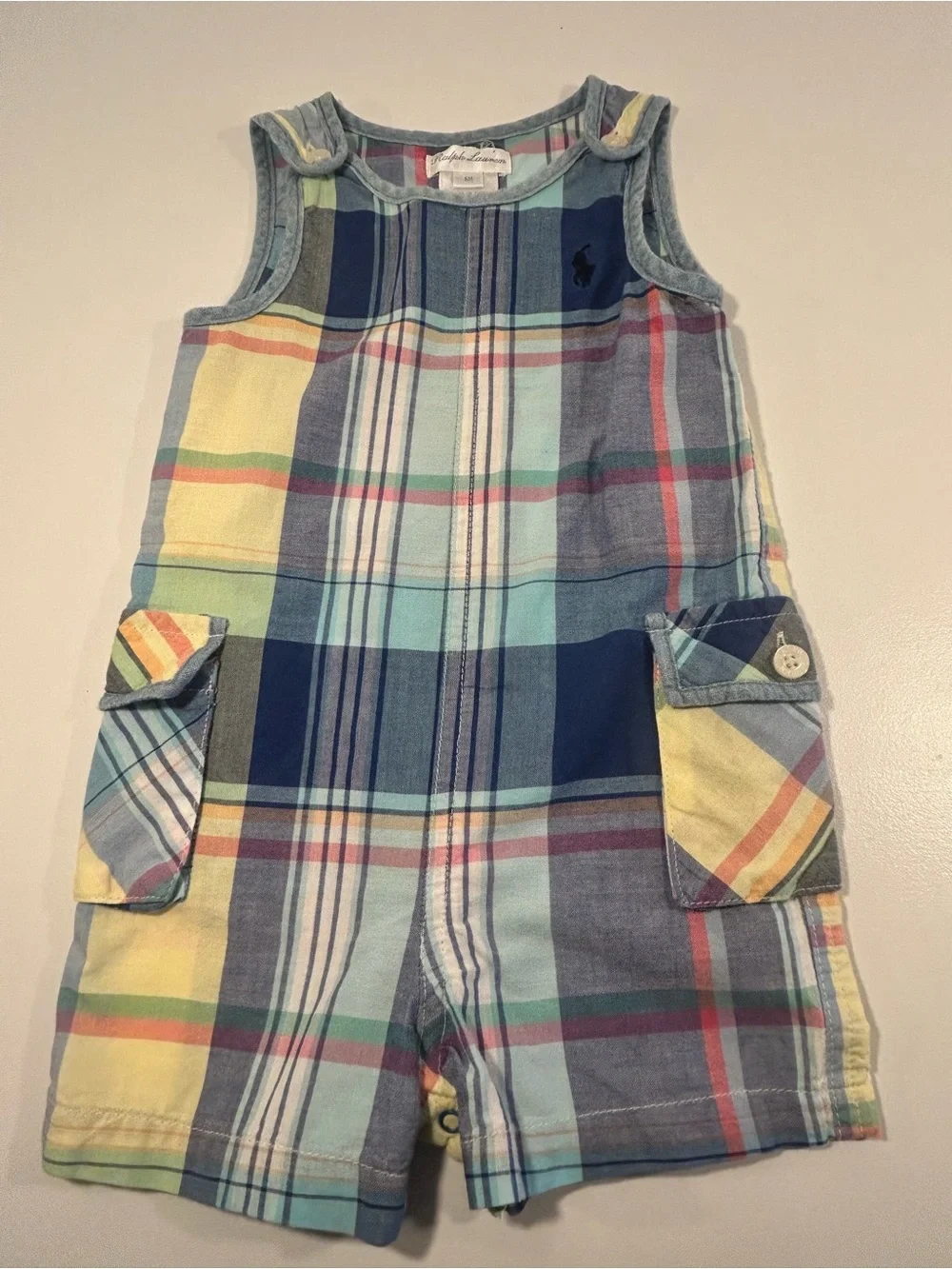Ralph Lauren Baby 6M Blue Plaid Sleeveless Romper Shortall One Piece
